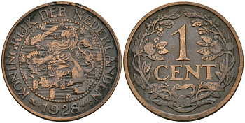 Нидерланды 1 цент 1928 Вильгельмина (1890-1948) KM 152 бронза 4576-1115