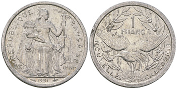 Французская Новая Каледония 1 франк 1991 птица кагу, (IEOM) KM 10, Schoen 10, Lec 51 алюминий 53-851