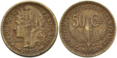 Камерун 50 сантимов 1926 (a), мондвор Париж KM 1 алюминиевая бронза 4169-755