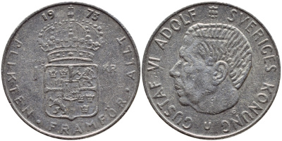 Швеция 1 крона 1973 Густав VI Адольф (1950-1973) KM 826а медь плакированная медно-никелем 4395-315