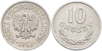 ПОЛЬША 10 ГРОШЕЙ 1963 MW KM AA47, Parchimowicz 206c алюминий XF 4181-216