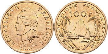 Французская Полинезия 100 франков 2000 KM 14 никель-бронза 4131-1043