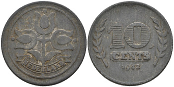 Нидерланды 10 центов 1942 Вильгельмина (1890-1948) KM 173 цинк 92-325