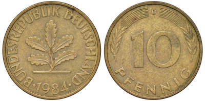 ФРГ 10 пфеннигов 1984 D KM 108, J. 383 сталь плакированная латунью 4132-555