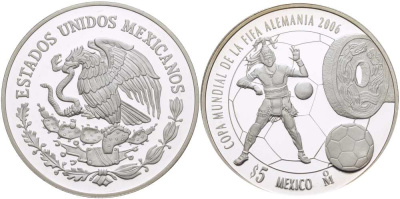Мексика 5 песо 2006 чемпионат мира по футболу в Германии 2006 года KM 770 серебро PROOF 01-107-21