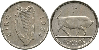 ИРЛАНДИЯ 1 ШИЛЛИНГ 1954 БЫК KM 14а медно-никель 4525-1151
