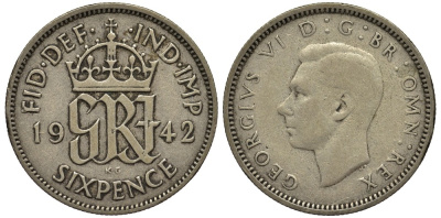 Великобритания 6 пенсов 1942 Георг VI (1936-1952) KM 852, Spink 4084 серебро 4538-512