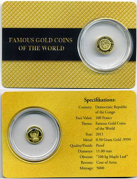 Конго 100 франков 2011 серия известные монеты, канада 100 килограмм, сертификат, буклет KM NEW золото PROOF 2-1-26