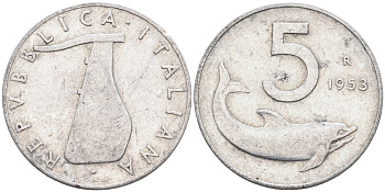 Италия 5 лир 1953 R, дельфин, плуг KM 92 алюминий 4588-421