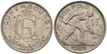 Люксембург 1 франк 1928 сталевар, Шарлотта (1918-1964) KM 35 никель 4603-1047