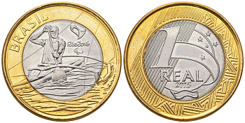 Бразилия 1 реал 2015 XV летние Паралимпийские игры, Рио-де-Жанейро 2016 - Параканоэ KM 706 биметалл UNC 4140-116