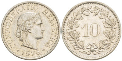 Швейцария 10 раппенов 1976 KM 27 медно-никель 4529-533