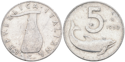 Италия 5 лир 1953 R, дельфин, плуг KM 92 алюминий 4588-421