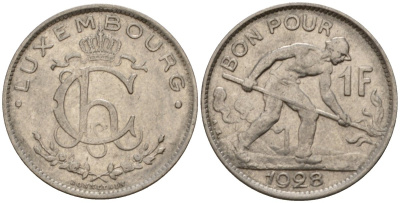 Люксембург 1 франк 1928 сталевар, Шарлотта (1918-1964) KM 35 никель 4603-1047