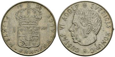 Швеция 1 крона 1954 TS, Густав VI Адольф (1950-1973) KM 826 серебро 4177-957