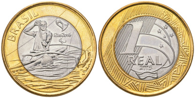 Бразилия 1 реал 2015 XV летние Паралимпийские игры, Рио-де-Жанейро 2016 - Параканоэ KM 706 биметалл UNC 4140-116