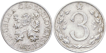 Чехословакия 3 геллера 1953 KM 36 алюминий 4613-1035