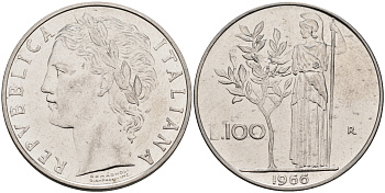 Италия 100 лир 1966 R, Афина KM 96.1 нержавеющая сталь 4117-325