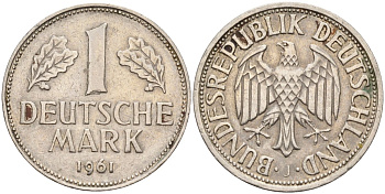 ФРГ 1 марка 1961 J KM 110, J. 385 медно-никель 4177-843