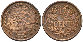 Нидерланды 1/2 цента 1936 Вильгельмина (1890-1948) KM 138 бронза    4169-243