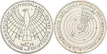 ФРГ 5 марок 1973 J, 500 лет со дня рождения Николая Коперника KM 136, J. 411 серебро PROOF 02-251-53