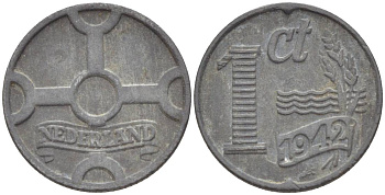 НИДЕРЛАНДЫ 1 ЦЕНТ 1942 ВИЛЬГЕЛЬМИНА I (1891-1948), ГЕРМАНСКАЯ ОККУПАЦИЯ, ВТОРАЯ МИРОВАЯ ВОЙНА KM 170 цинк 4532-1141