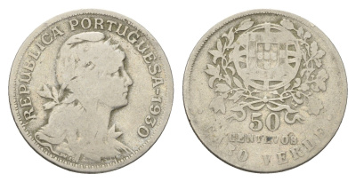 Португалия 50 сентаво 1930 голова Свободы вправо KM 577 никель латунь 4660-945
