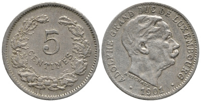 Люксембург 5 сантимов 1901 герцог Адольф (1890-1905) KM 24 медно-никель 100-1228