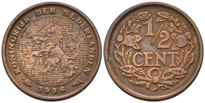 Нидерланды 1/2 цента 1936 Вильгельмина (1890-1948) KM 138 бронза    4169-243