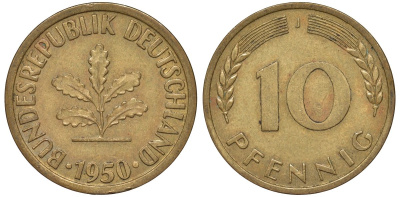 ФРГ 10 пфеннигов 1950 J KM 108, J. 383 сталь плакированная латунью 4132-532