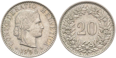 ШВЕЙЦАРИЯ 20 РАППЕНОВ 1955 В KM 29a медно-никель 55-733