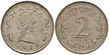 Мальта 2 цента 1972 Пентесилея, царица амазонок KM 9 медь цинк 4154-653
