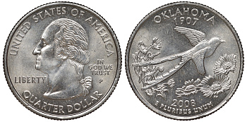 США 25 центов = квотер 2008 P, серия штаты США, Оклахома KM 421 медь плакированная медно-никелем 4525-443