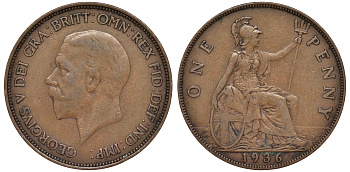Великобритания 1 пенни 1936 Георг V (1910-1936) KM 838, Spink 4055 бронза 4123-1043