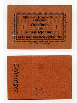 Германия 1 пфенниг 1917 Ганновер, Целле, лагерь военнопленных офицеров, перфорация CEL C-2793 бумага UNC (пресс) 000-00-00