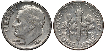 США 10 центов = дайм 1966 Рузвельт KM 195а медь плакированная медно-никелем 4124-435