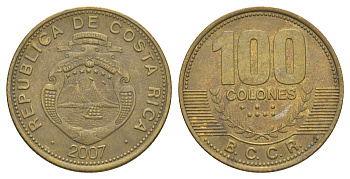 Коста-Рика 100 колонов 2007 KM 240a сталь плакированная латунью 4631-955