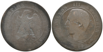 Франция 10 сантимов 1855 A, Наполеон III (1852-1870) KM 771.1, Le Franc 133,19 бронза 56-1253