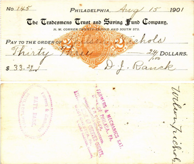 США чек на 33,24 долларов 1901 Филадельфия бумага 3295-84-2-1