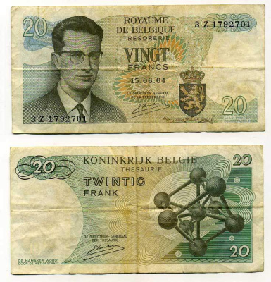 Бельгия 20 франков 1964 Бодуэн I, атомиум, Kestens Pick 138 (3) бумага 6289-30-3-1