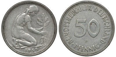 ФРГ 50 ПФЕННИГОВ 1950 F KM 109.1, J. 384 медно-никель 72-1017