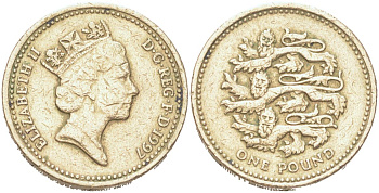 Великобритания 1 фунт 1997 Елизавета II (1952-2022) KM 975 никель латунь 4128-754