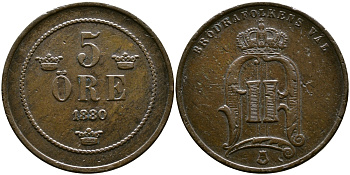 Швеция 5 эре 1880 Оскар II (1872-1907) король Швеции и Норвегии KM 736 бронза 4364-1256