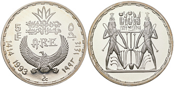 Египет 5 фунтов 1993 две женщины символизирующие Верхний и Нижний Нил KM 747 серебро PROOF 11-241-34