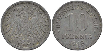 ГЕРМАНИЯ 10 ПФЕННИГОВ 1918 KM 26, J. 299 цинк 4401-135