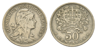Португалия 50 сентаво 1947 голова Свободы вправо KM 577 никель латунь 4385-715