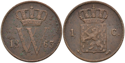 Нидерланды 1 цент 1863 Виллем III (1849-1890) KM 100 медь 4595-326