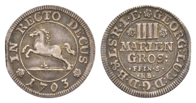 Брауншвейг-Каленберг-Ганновер 4 мариенгроша 1703 HB, Георг I (1698-1727), из коллекции Ричарда Б. Смита Welter 2197, KM 33 серебро 1525-613