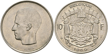 Бельгия 10 франков 1969 Belgique, Бодуэн I (1951-1993) KM 155.1 никель 4135-1024