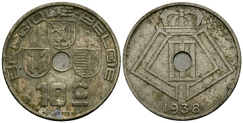 Бельгия 10 сантимов 1938 Belgique - Belgie KM 112 никель латунь 4121-514